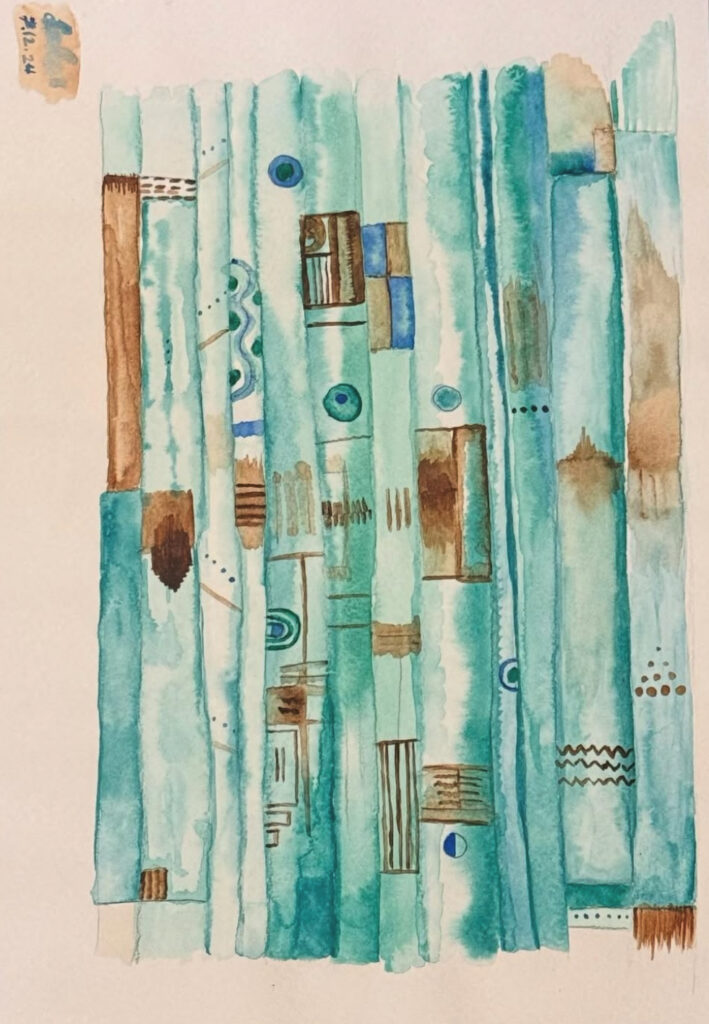Watercolour painting with vibrant greens and blues, inspired by Persian architecture.